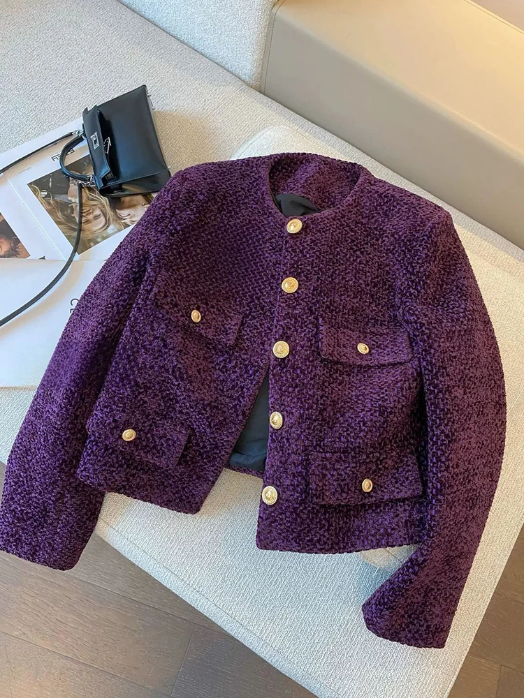 Jmprs Purple Retro Tweed Jacket Women Fall Winter O Neck Long Sleeve Short Coat Korean Casual Elegant Vintage Female Slim Tops