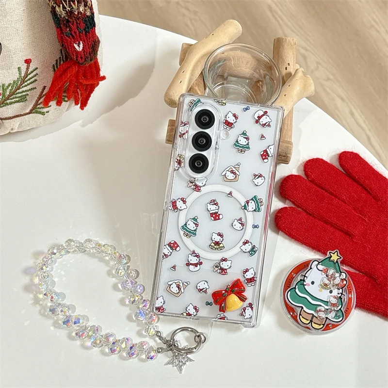 الكورية لطيف عيد الميلاد Hellokitty المغناطيسي قضية الهاتف لسامسونج غالاكسي Z أضعاف 7 6 5 غطاء مع سلسلة حامل لحالات Magsafe Ca