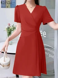 ZANZEA elegancka damska plisowana sukienka letnia dekolt w serek z krótkim rękawem OL praca Sundress moda w stylu Casual, imprezowa do kolan Vestido Kaftan