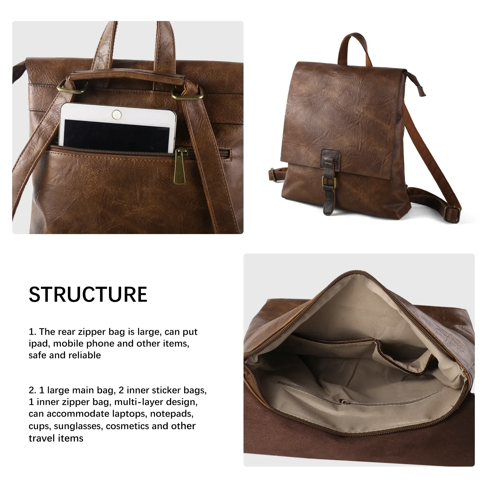 Retro Cowhide Backpack Large Capacity Outdoor Shopping Backpack Work Commuter Shoulder Bag Multi-functional Women's Bag