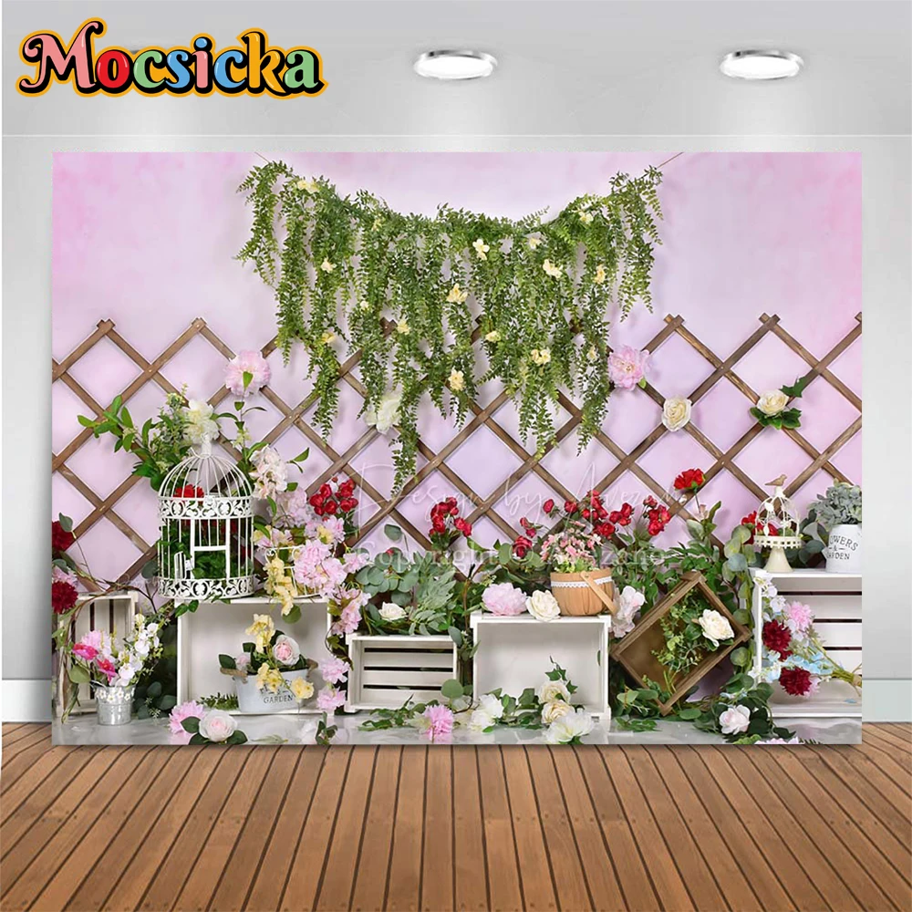 

Studio Photography Boho Backdrop for Girl Baby Cake Smash Florals Decor Background Prop Fence Photoshoot Booth Newborn Photozone