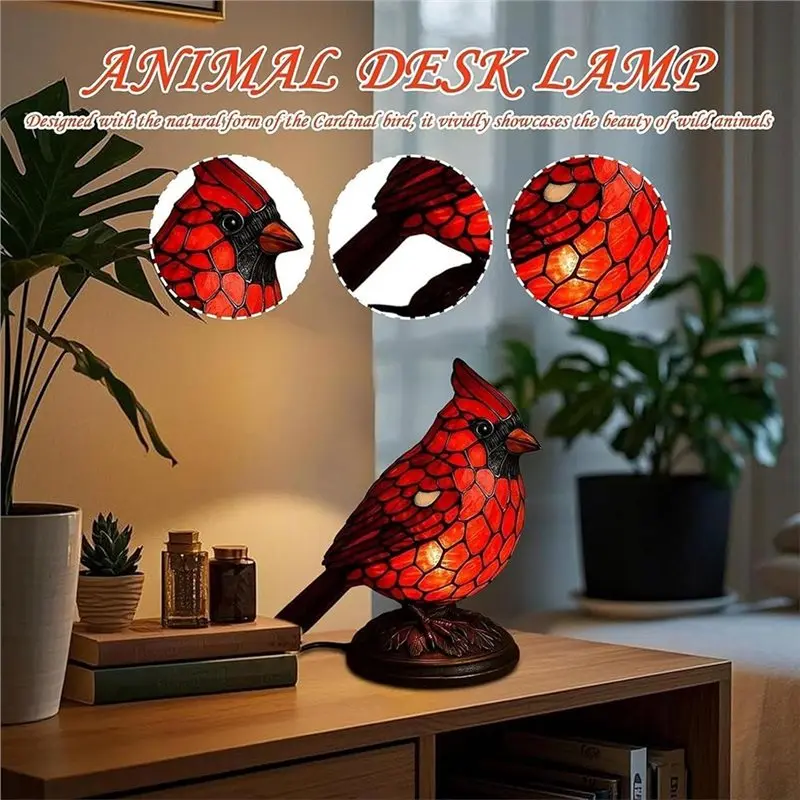 ABKO-New Handmade Red Resin Bird Lamps For Bedroom Bookshelf, Christmas Art Decor Light Decor, Home Office Desk Decor