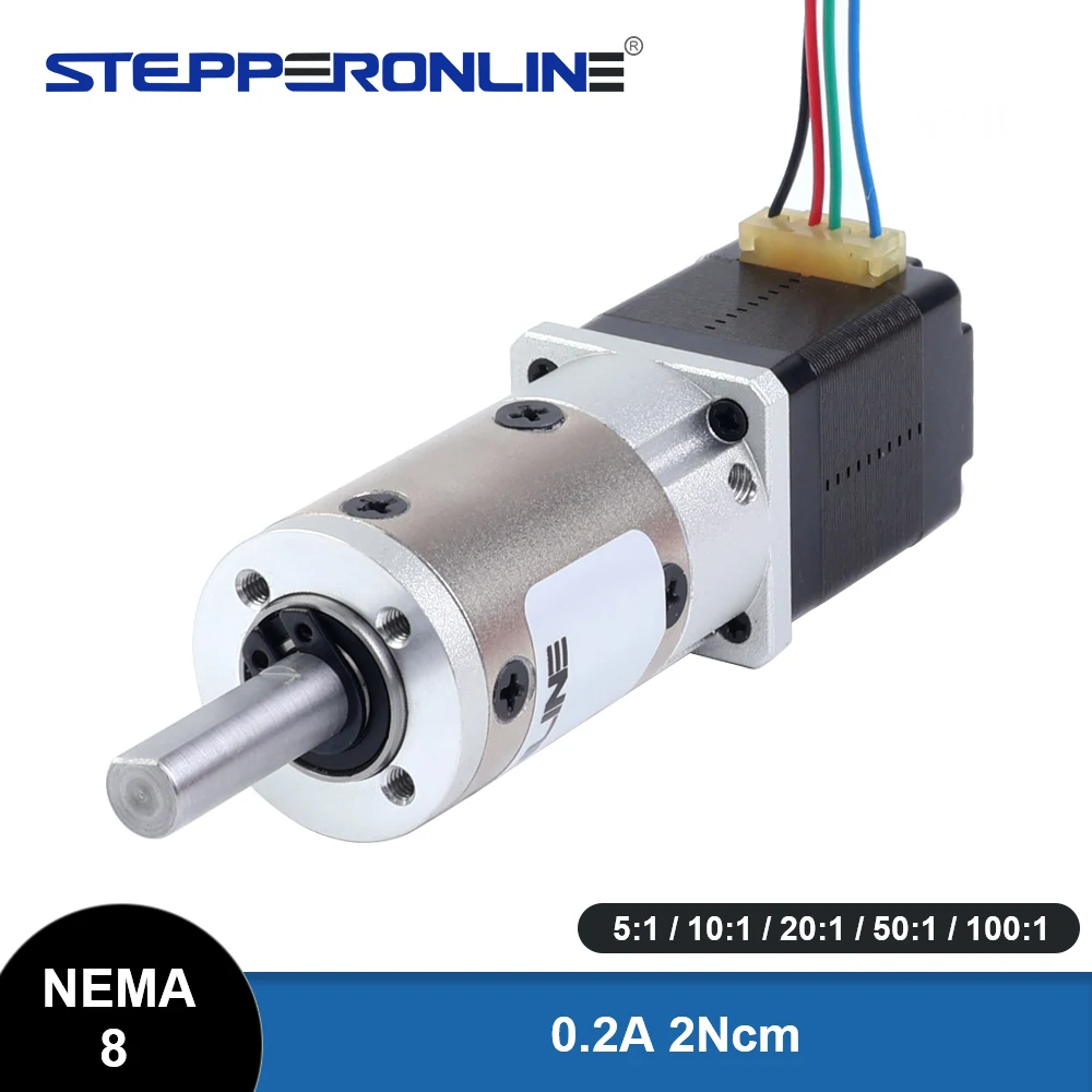 

STEPPERONLINE Nema 8 Stepper Motor 0.02Nm Precision Planetary Gearbox Motor Ratio 5:1/10:1/20:1/50:1/100:1 Bipolar L=28mm CNC