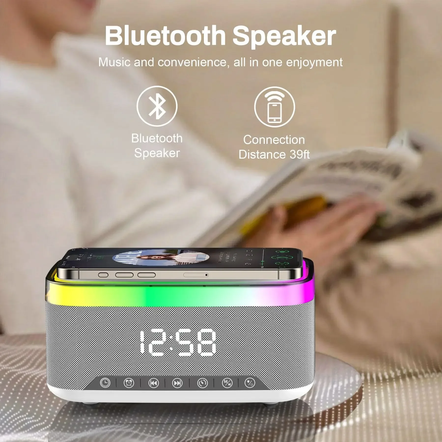 New Smart Bluetooth Speaker 15W Wireless Charger Bedhead Night Light Alarm Clock LED Clock with FM Radio Music Center