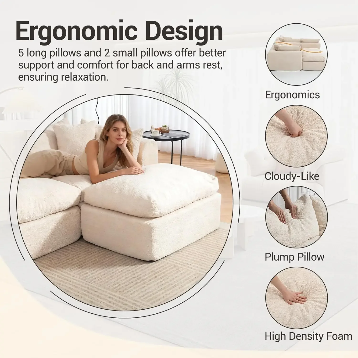 Cloud Boneless 113'' Sofa Couch Deep Seat Modular Sectional with Ottoman Customized Living Room Furniture image 5