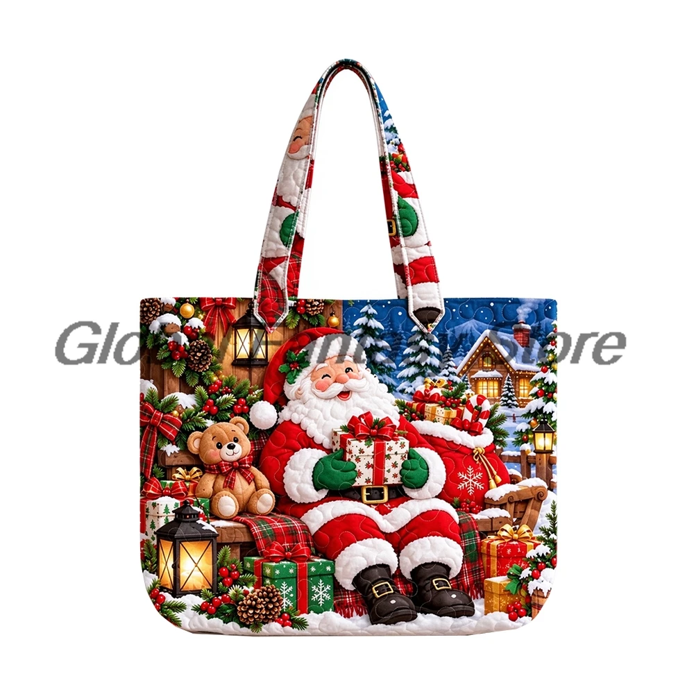Women Christmas Quilted Tote Bag Holiday Print Shoulder Bags Large Capacity Casual Shopping HandBag