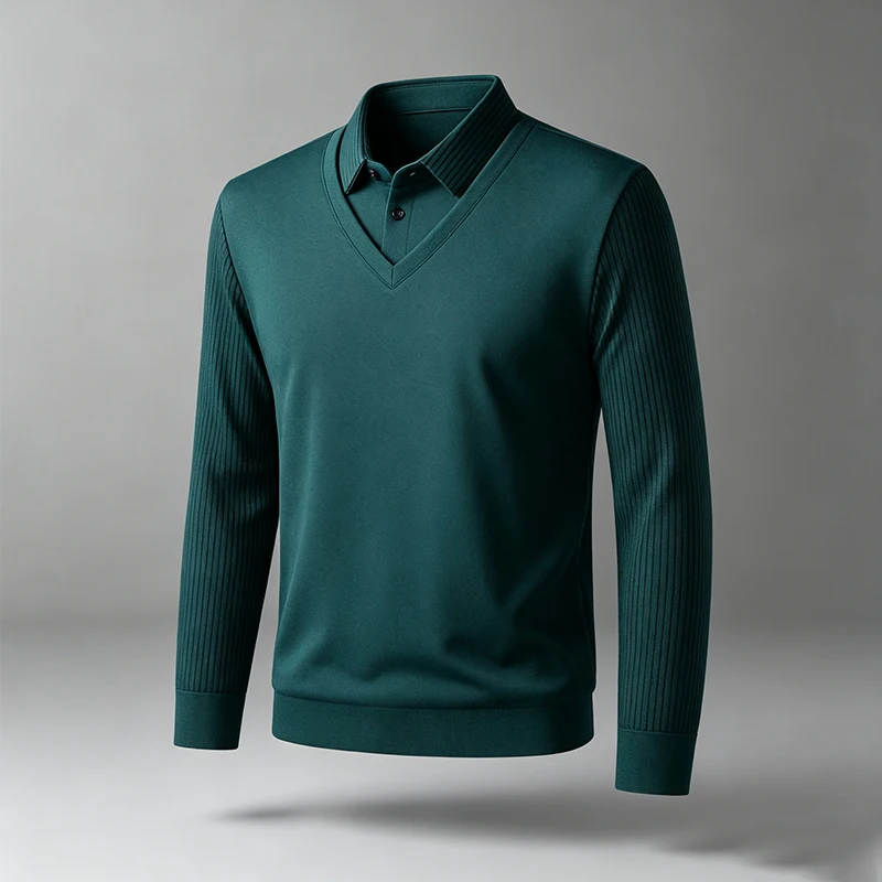 Herren-Oberteil mit langen Ärmeln, im Zweiteiler-Look, V-Ausschnitt, gerippte Ärmel, Hemdkragen-Design, weicher Stoff, ideal für Büro, Alltag und Pendel. – Detail 16