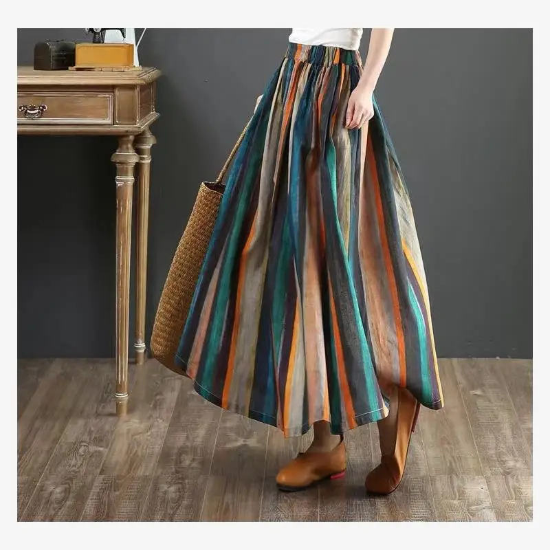 

Трансграничная новая хлопково-льняная юбка трапециевидной формы, свободная художественная полосатая юбка миди с принтом для женщин