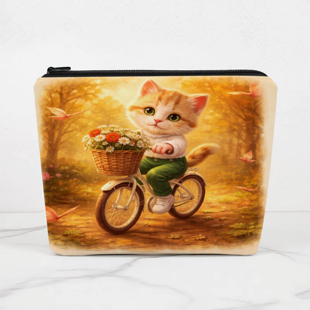 Cute Cat Riding Bike With Flowers Makeup Bags for Girls Cosmetic Pouch Toiletry Bag Pencil Case Travel Storage