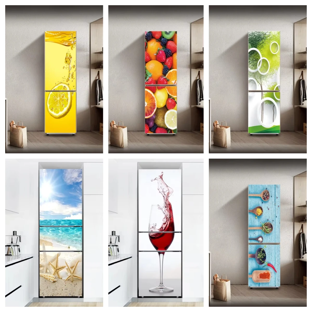 

3D Fruit Fridge Door Mural Sticker Self Adhesive Waterproof Vinyl Wine Glass Scenery Design Refrigerator Stickers Door Cover