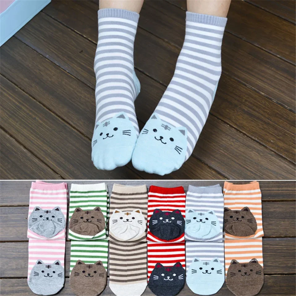 3Pairs/lot New Fashion Women Socks Cartoon Cat Footprints 3D Animals Style Striped Kawaii Sock Lady Floor Meias Socks for Female