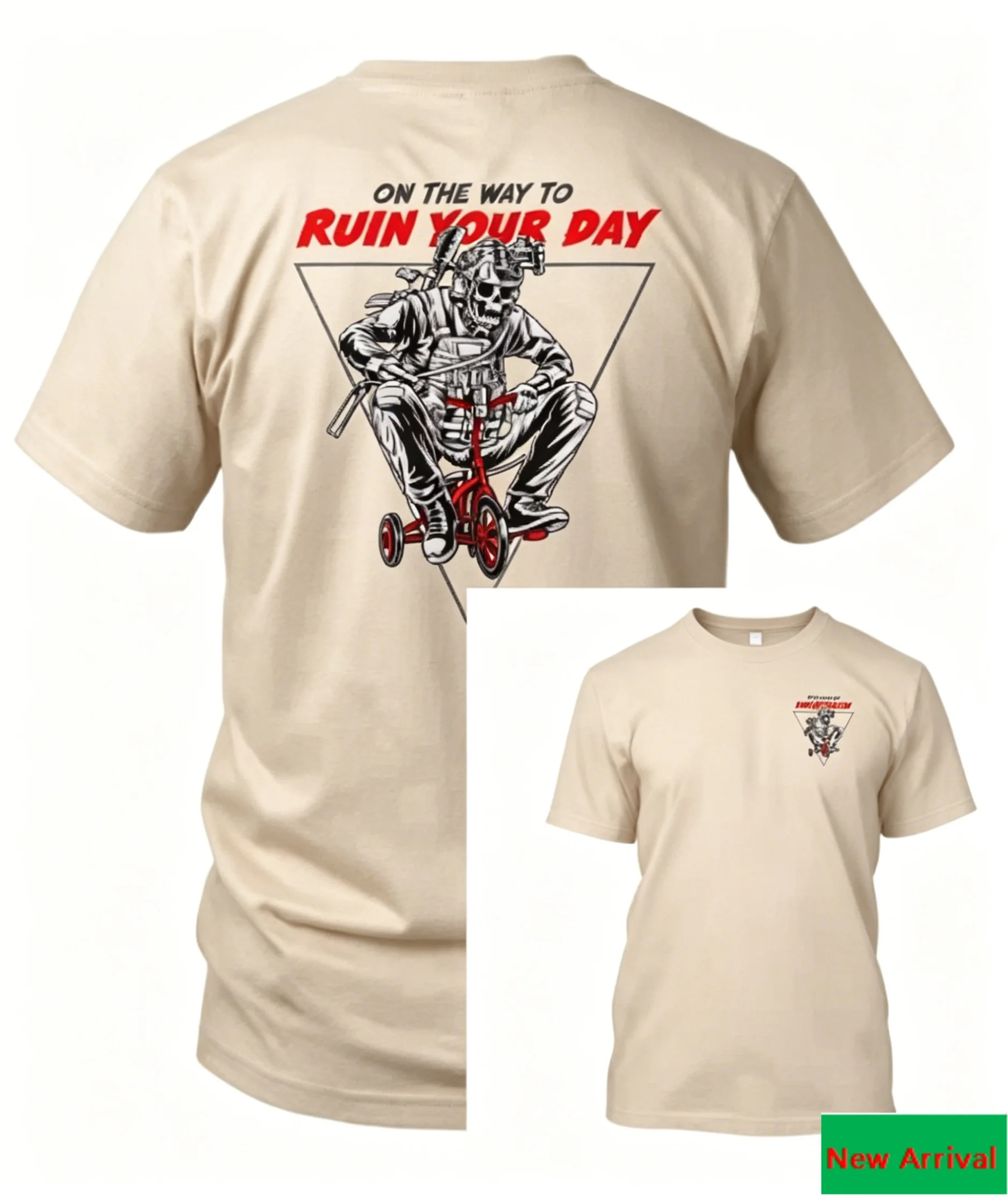 On The Way To Ruin Your Day Tactical Skeleton Riding Tricycle Triangle Graphic Back Print T Shirt with Front Small Logo Print