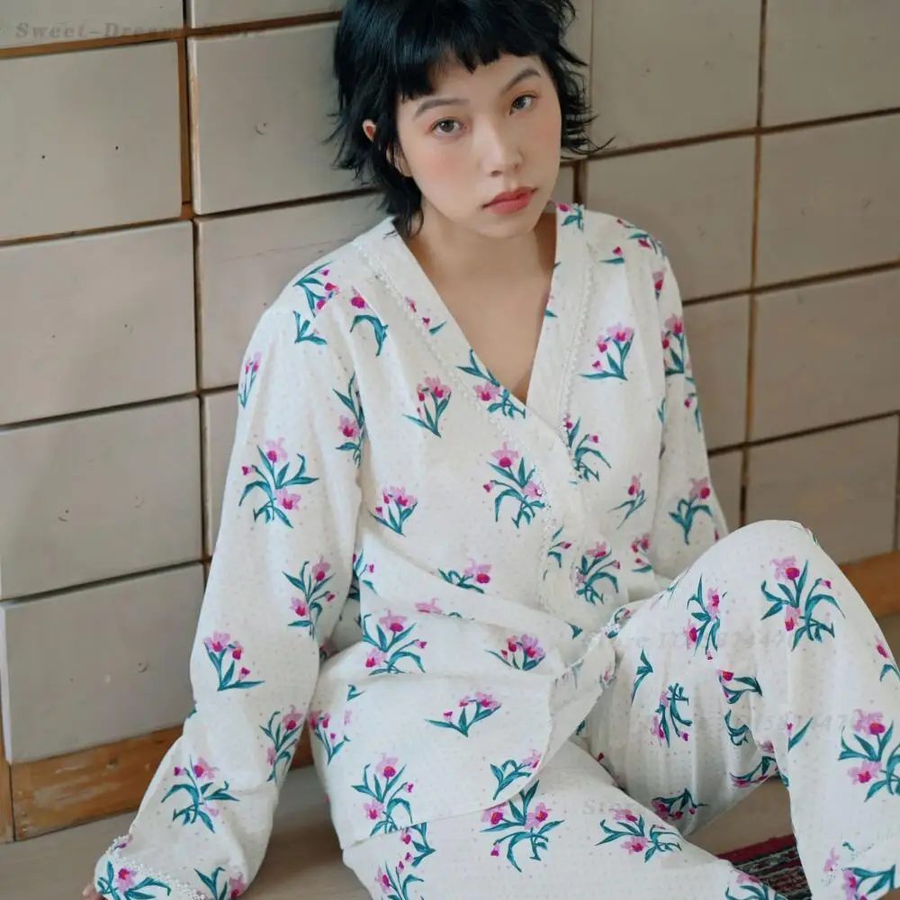 Print Flower Women's Pajamas Set Cotton V-Neck Cardigan Pants Pyjamas Suit Countryside Style Sleepwear Home Clothes Loungewear