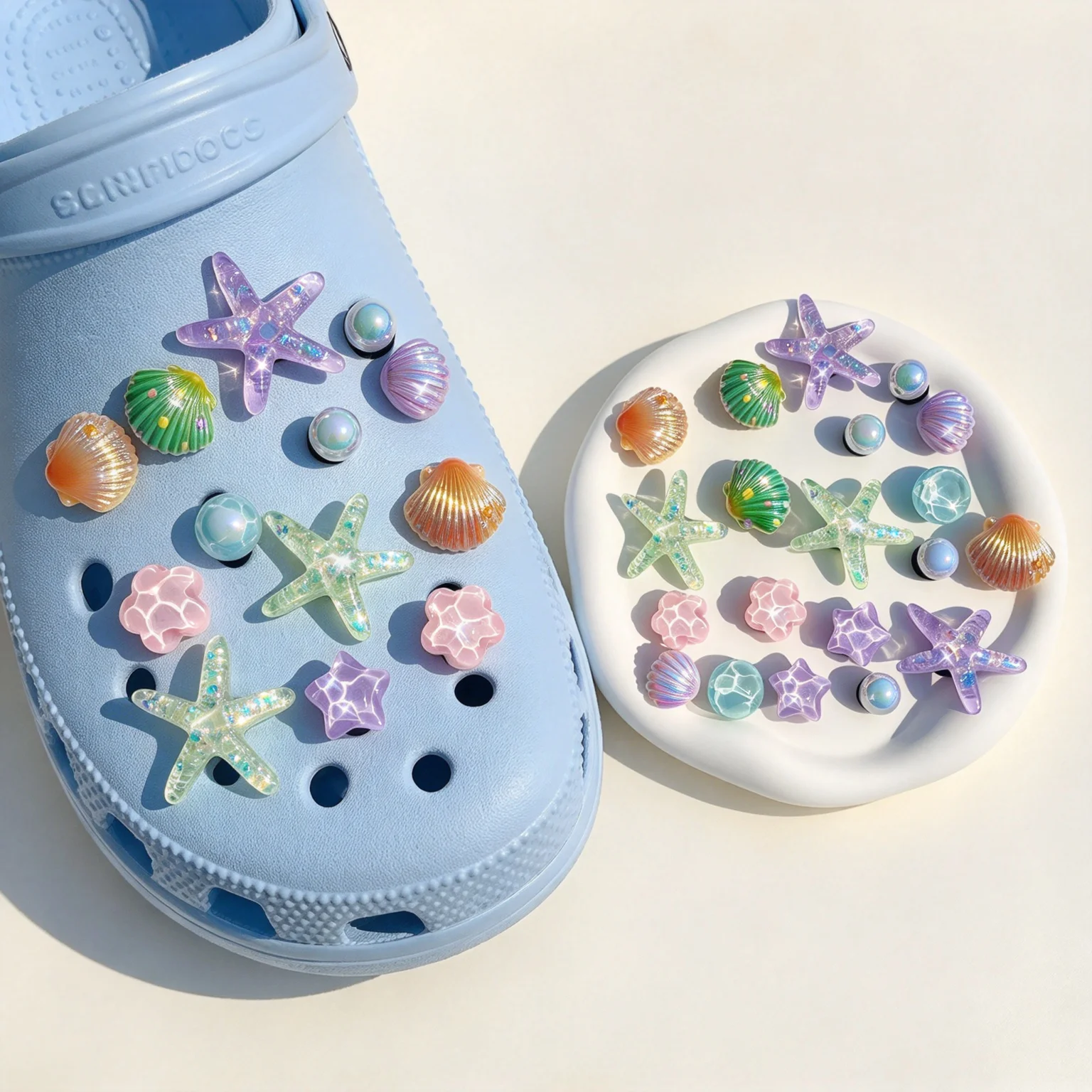 20 Green Sequin Starfish, Purple Sequin Starfish, Gold Shell Pink Water Ripple Flowers, Purple Water Ripple Five-Pointed Star Shoe Clips - Multifunctional Accessories for Women's Sandals, Slippers, and Beach Bags. The Perfect Choice for Holiday and Birthday Party Gifts.