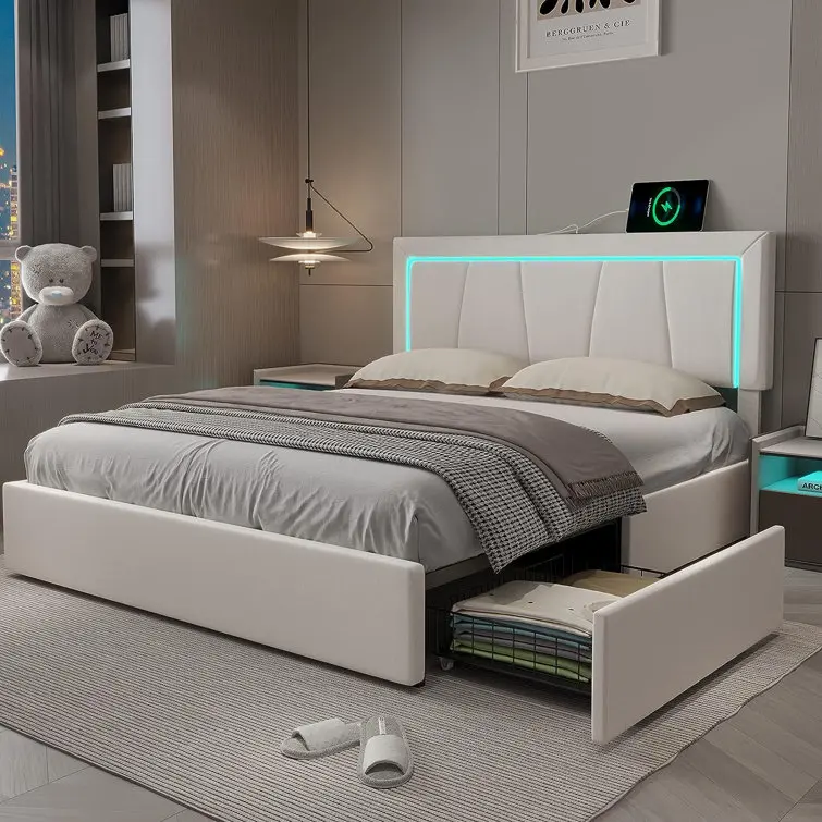 

Kainice LED Light Smart USB Charge Bed Upholstered Bed Furniture Queen Bed Frame King Size Double With Drawers
