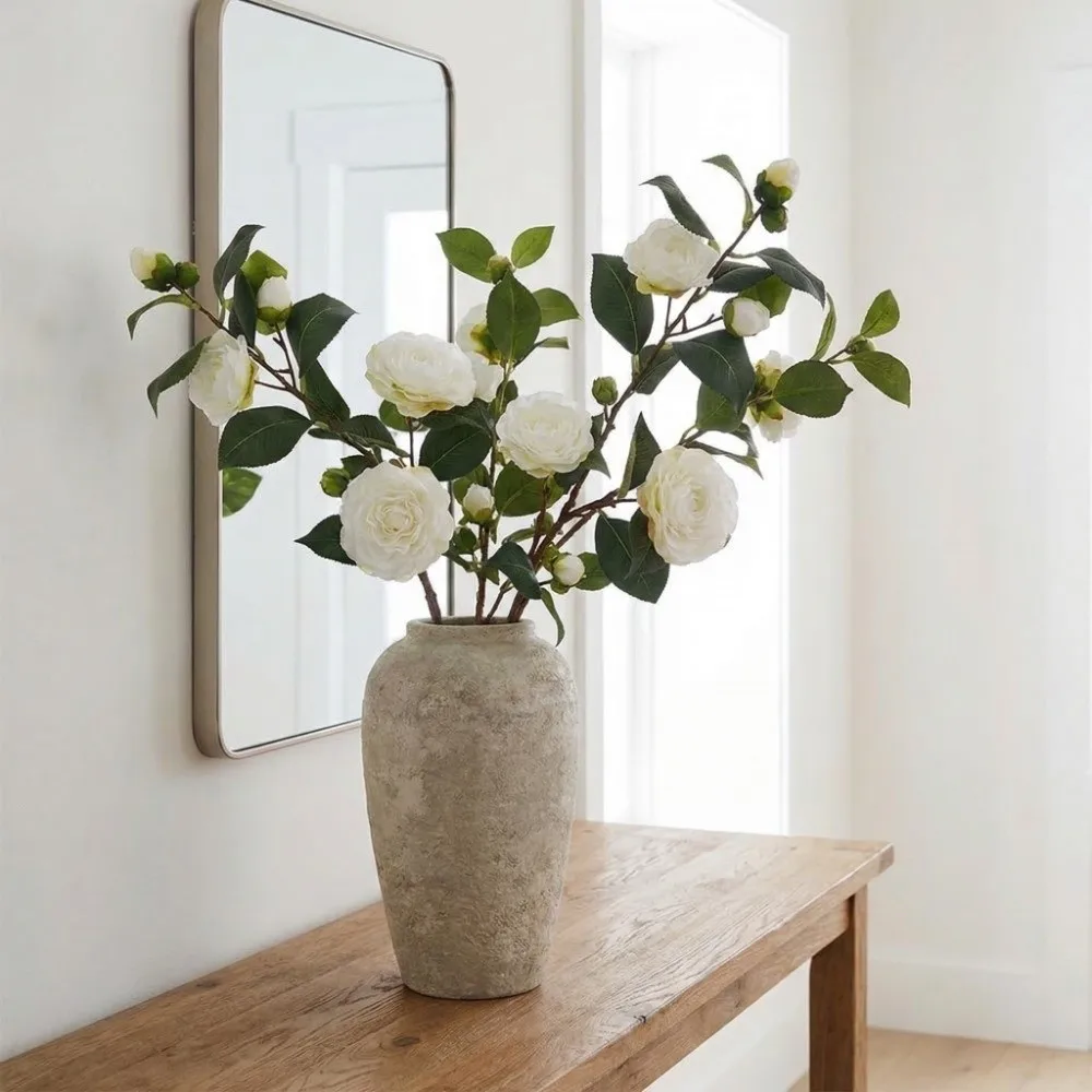 

Green Leaf Artificial Camellia Flower Real Touch Handmade Simulation Rose Artificial Luxury Fake Flower Mother's Day Gift
