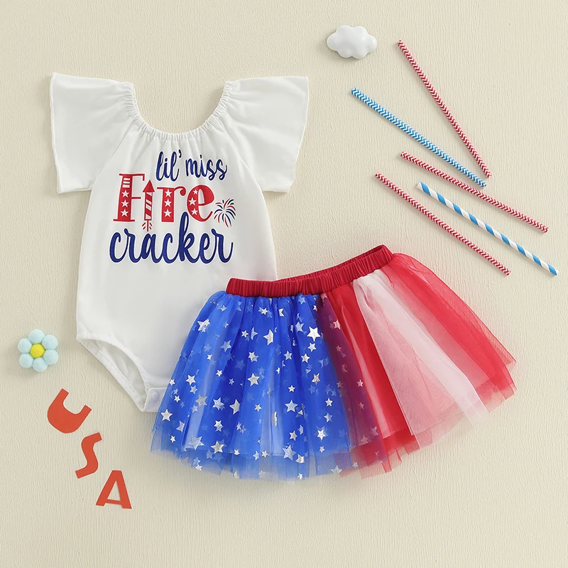 Conjunto de ropa para el Día de la Independencia para niñas pequeñas, pelele con estampado de bandera americana de manga corta y falda de tul para el 4 de julio