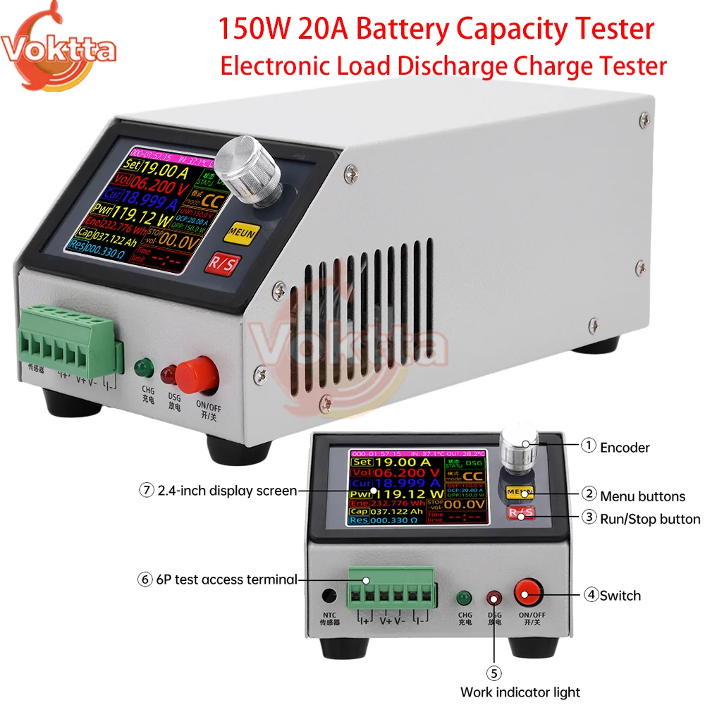 

2.4-inch Color Screen Battery Capacity Tester DC CNC Electronic Load Discharge Charge Tester Monitor with Power Adapter 150W 20A