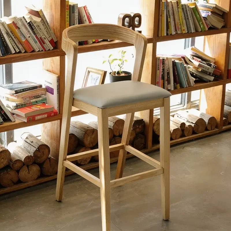 Nordic Solid Wood Bar Stool with Leather Backrest and Armrests High Chair for Home Kitchen Counter Modern Log Design