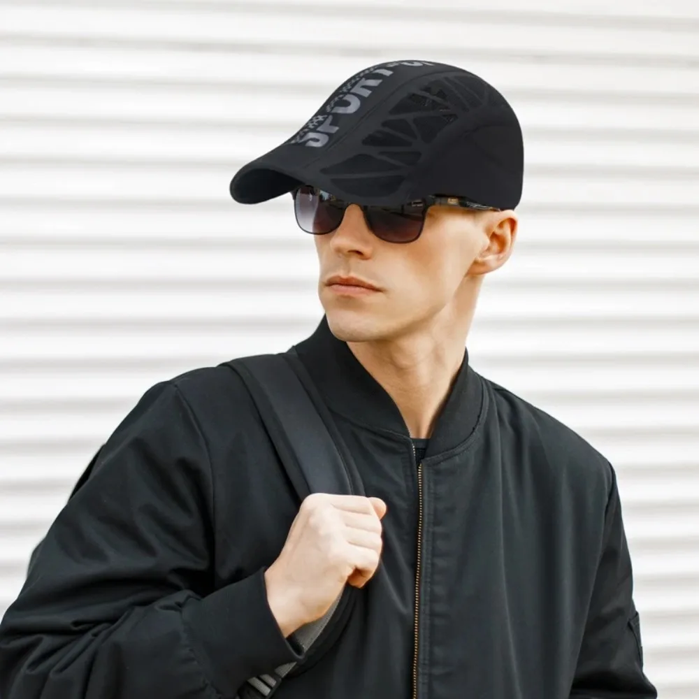 New Breathable Men Quick Dry Hat Golf Driving Cycling Sports Letter Print Ivy Summer Baseball Caps Newsboy Flat Net Mesh Sunhat