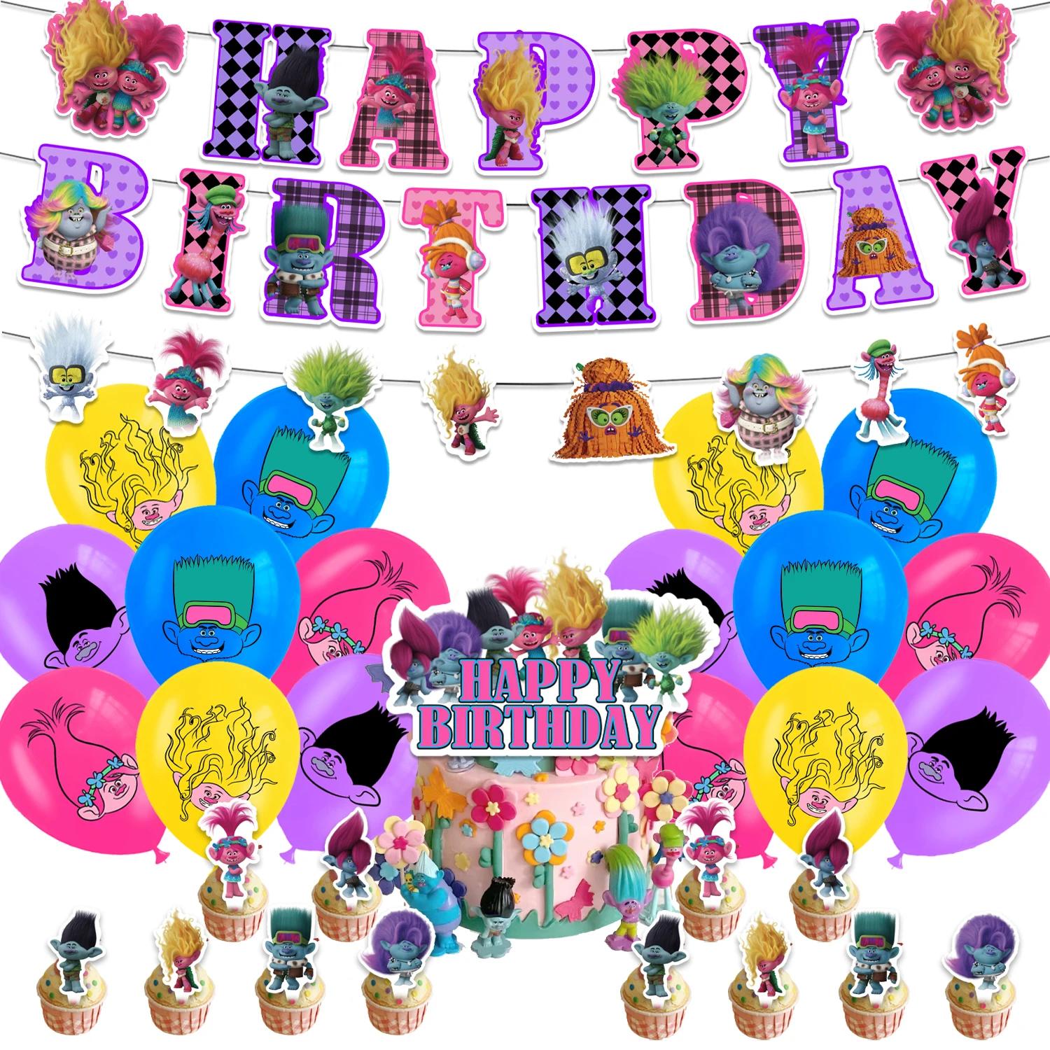 

Cartoon Cute Trolls Birthday Party Celebration Decoration Latex Balloon Banner Cake topper Decoration Kid Boy Baby Shower Gift