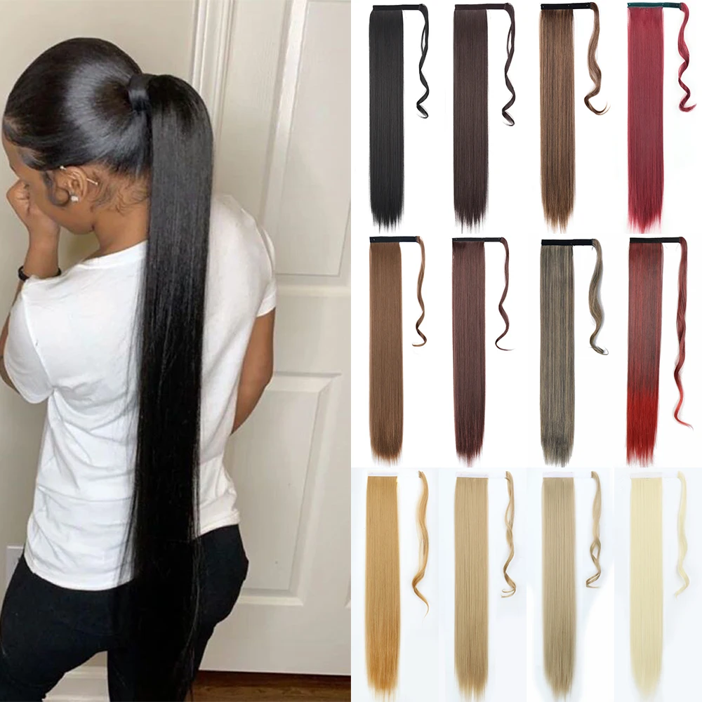 

LISI GIRL Synthetic Hair 22''34'' Long Straight Ponytail Wrap Around Ponytail Clip in Hair Extensions Black Hairpiece Headwear