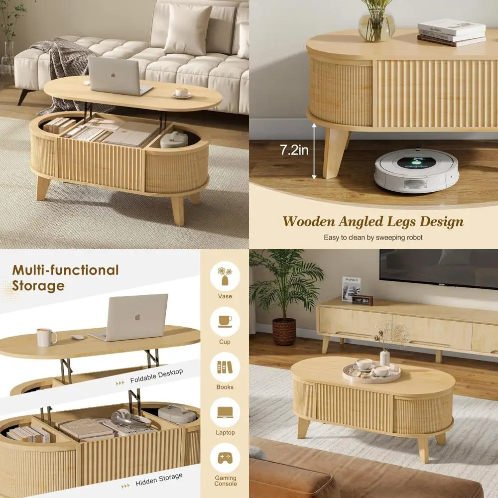 

Modern Fluted Lift Top Coffee Table with Hidden Storage, Oval Living Room Furniture, Natural Finish, Home Office Compatible