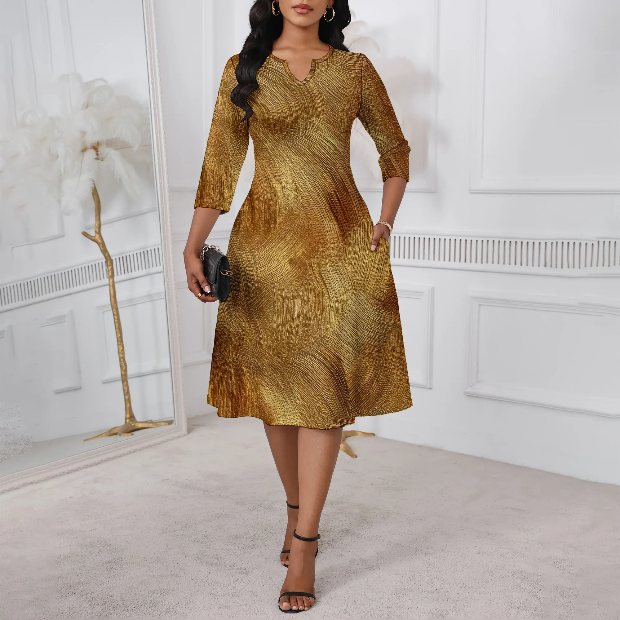 

Nupusa Gold Texture Print Dress for Women Regular Size Summer Casual Notch Neck 3/4 Sleeve Midi Dress