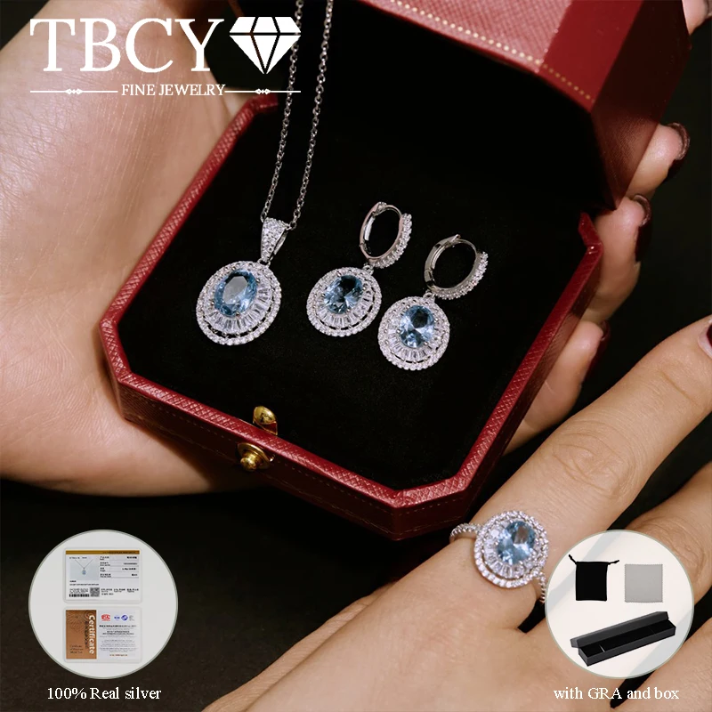 TBCYD 2CT البيضاوي الأزرق الزركون مجموعة للنساء 100% 925 فضة الزبرجد اللون القرط حلقة قلادة مجوهرات الزفاف الكلاسيكية