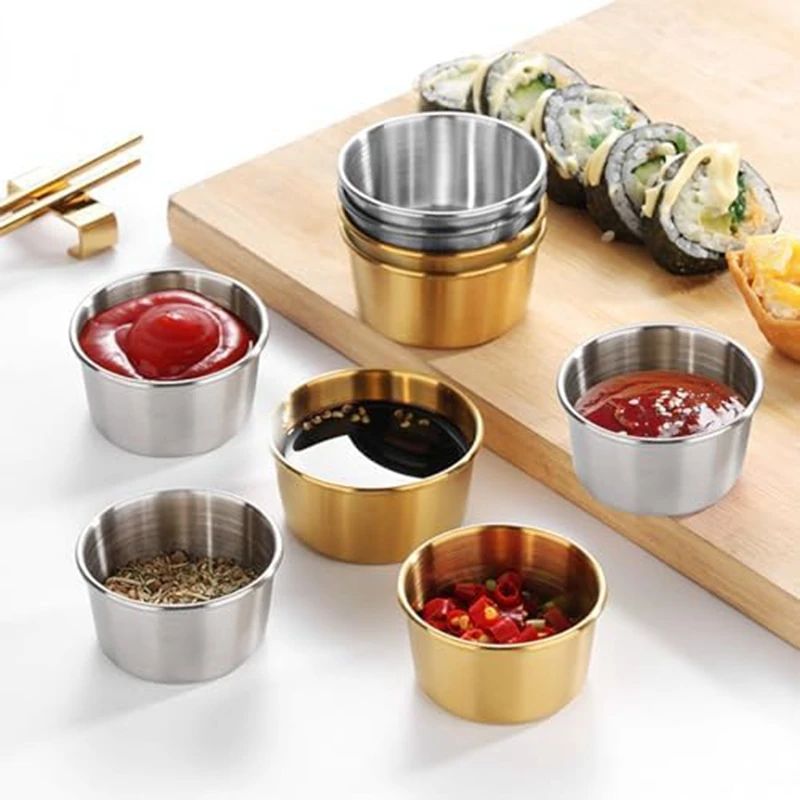 6Pcs 2 Oz Stainless Steel Dipping Sauce Cup, Mini Dip Bowls, Reusable Metal Condiment Cups Ramekins Containers