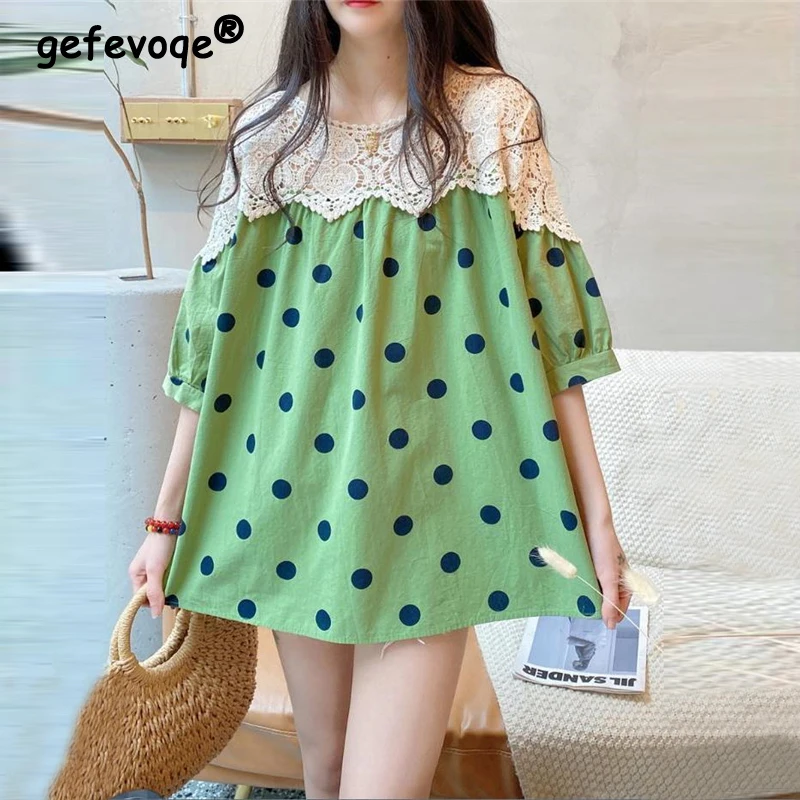 Roupas femininas Verão Polka Dot Impressão Lace Patchwork Kawaii Doce Blusas Y2K Casual Solta Meia Manga Camisa de Algodão Linho Tops