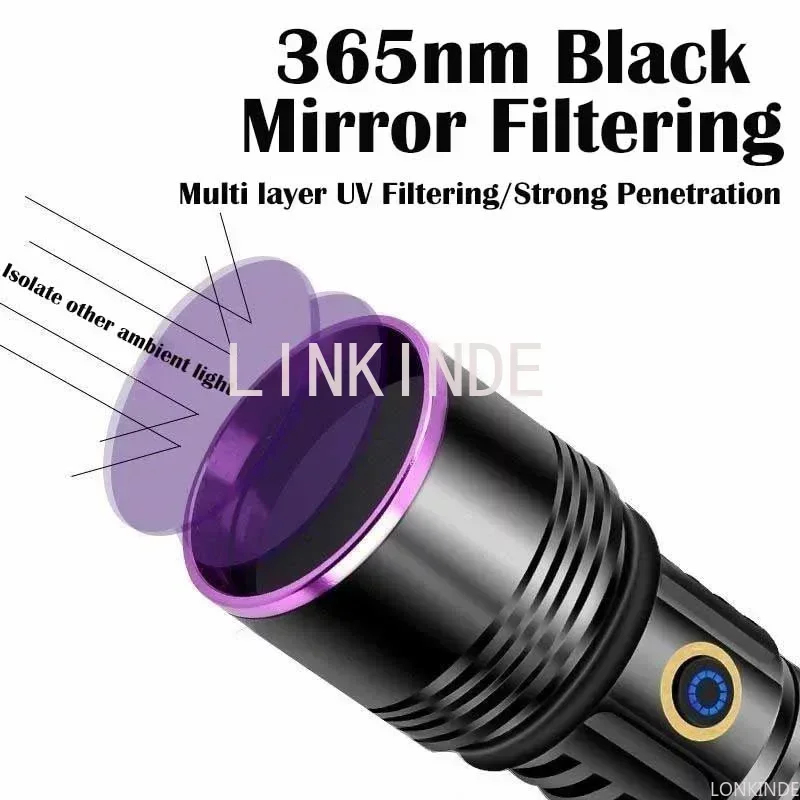 High-Power 80W New Portable Black Mirror UV Flashlight 365nm Identification Purple Light Flashlight Type-C Rechargeable by 26650