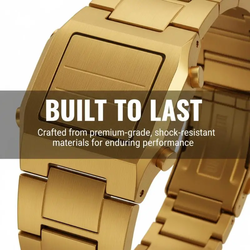 Goldene Digitaluhr mit Edelstahlarmband, Doppelzeit, Wochentags- und Datumsanzeige für den täglichen Business- und Freizeitgebrauch. – Detail 3