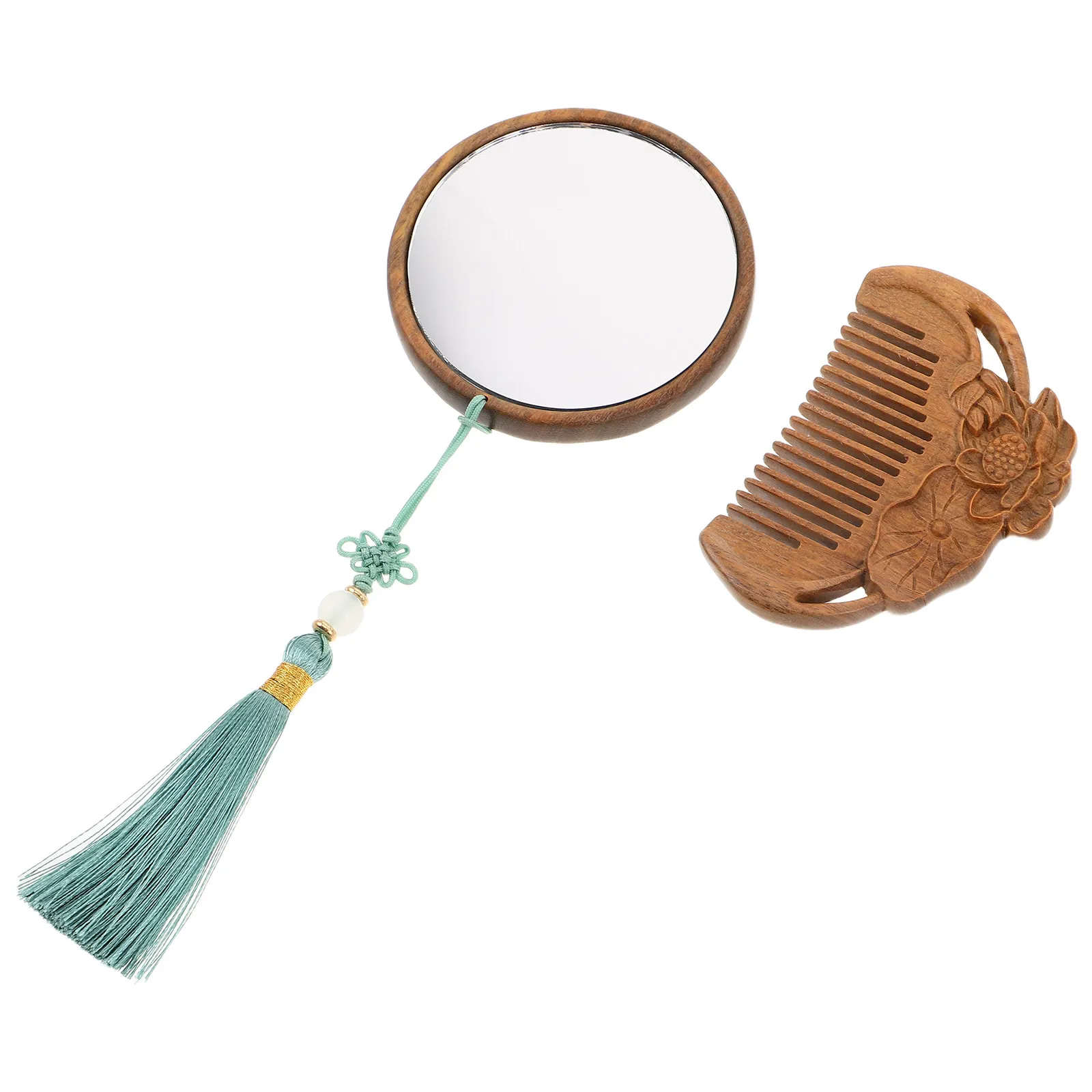 Vintage Wooden Comb & Mirror Set – Hand-Carved, Gentle on Hair, Clear Reflection, Portable Travel-Friendly