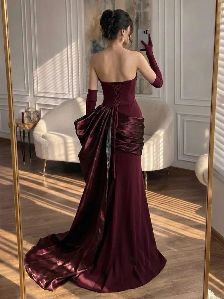 Lili's Couture Collection Store Elegant Burgundy Satin Gown With Beaded Sweetheart Neckline Ruched Mermaid Skirt & Long Gloves