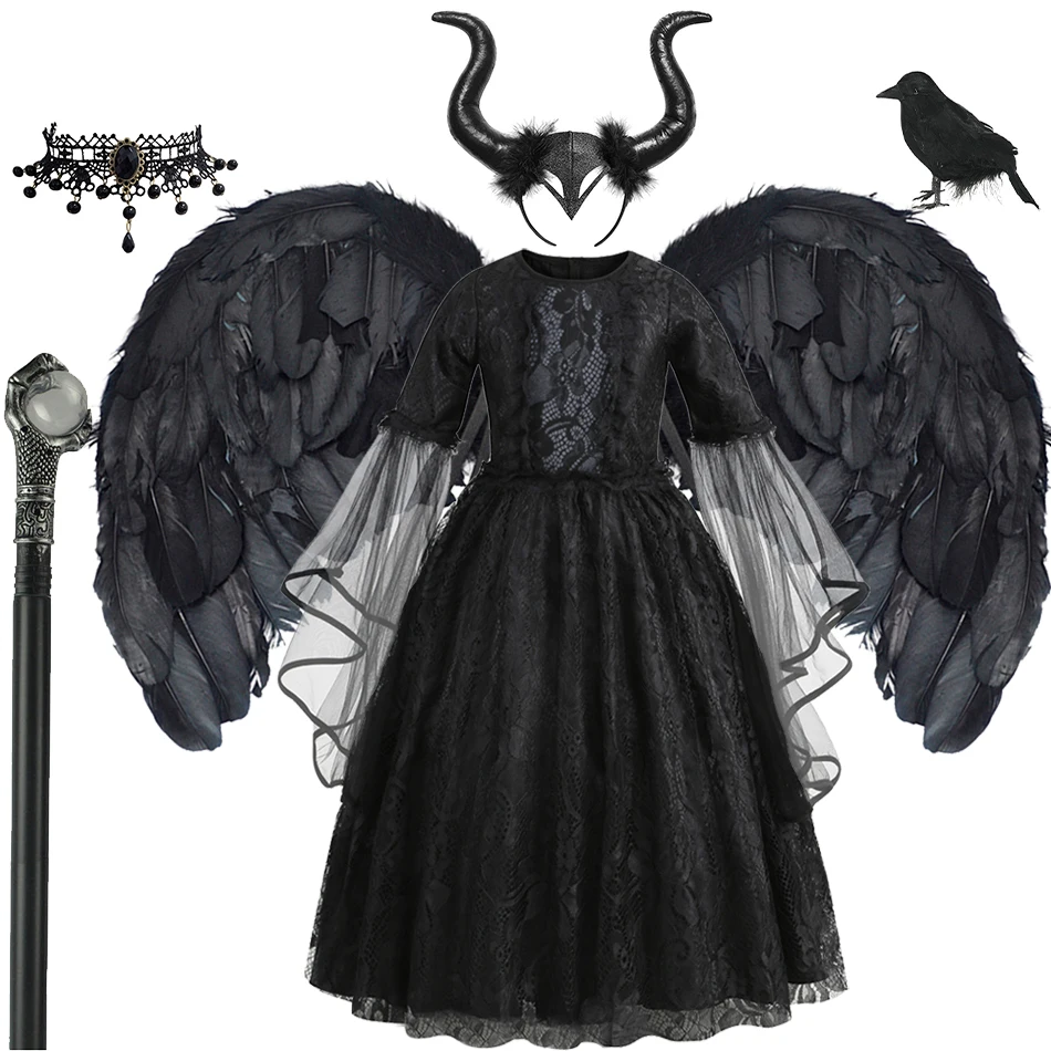 

Платье Малефисенты на Хэллоуин для девочек, карнавальный костюм злой ведьмы, детское роскошное кружевное черное платье с расклешенными рукавами, наряды Пурима