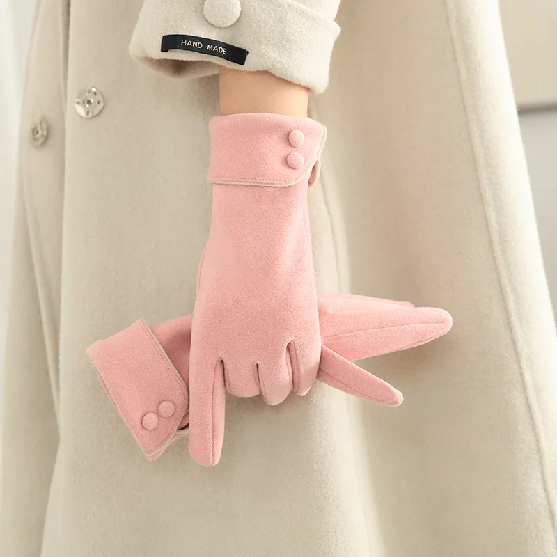 1 Pair New Women Winter Warm Gloves Wind Button Touch Screen Gloves Outdoor Cold Resistant Thick Velvet Five Finger Gloves