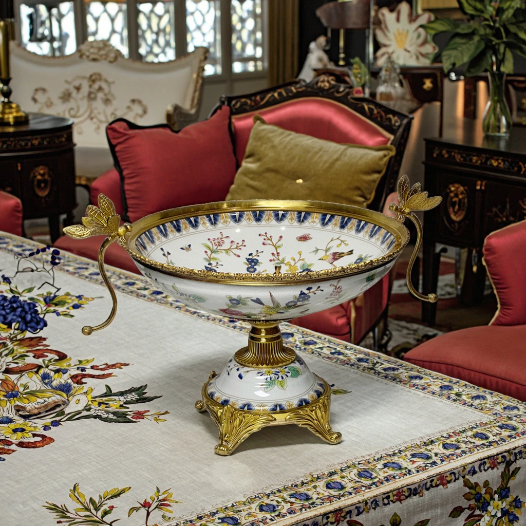 European retro porcelain fruit bowl flower and bird pattern gold dragonfly brass metal tray antique luxury home decoration