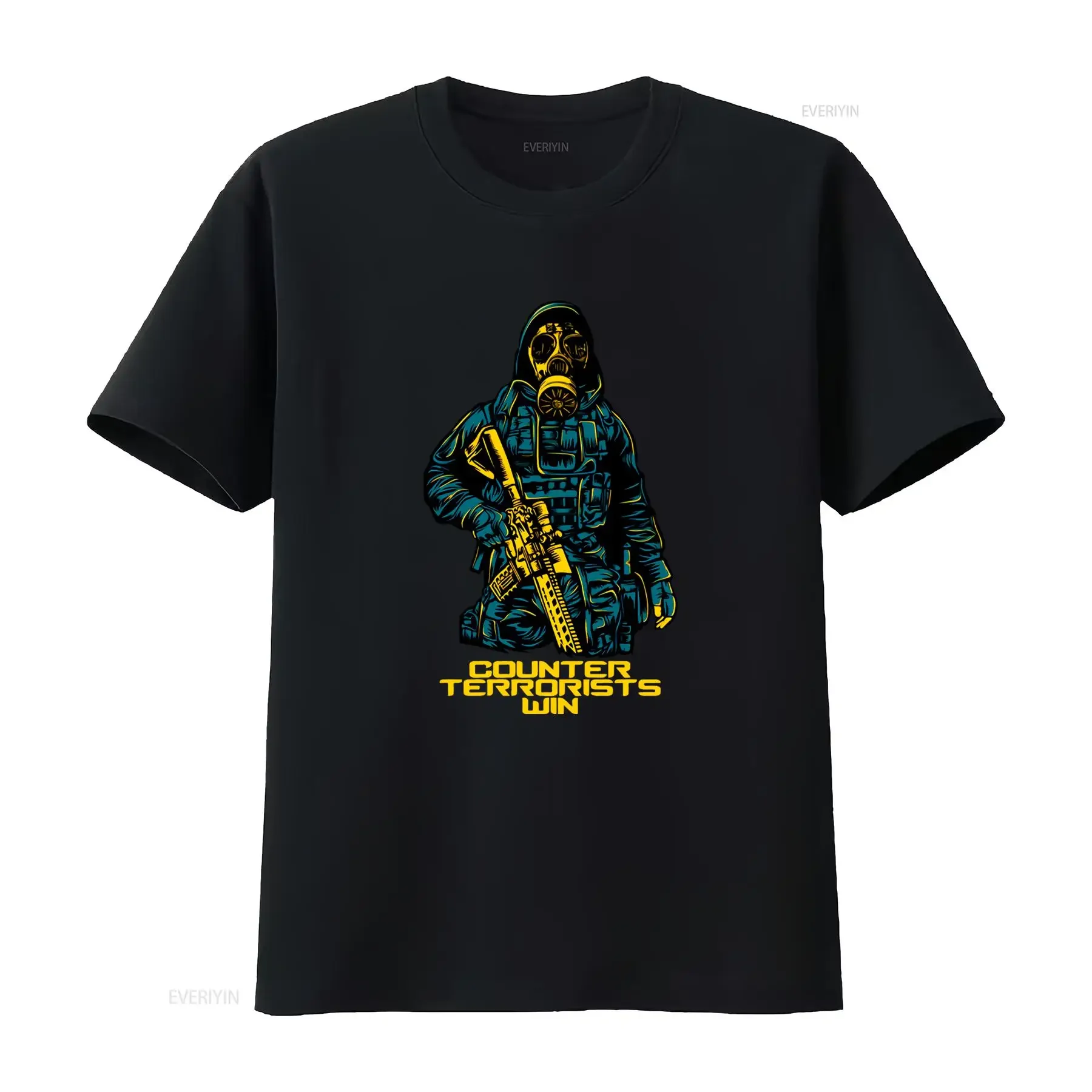 Counter Strike Csgo Inspired Gaming T shirt Terrorist Theme with Gas Mask and Gun Print 'Counter Terrorists Win' Motto vintage