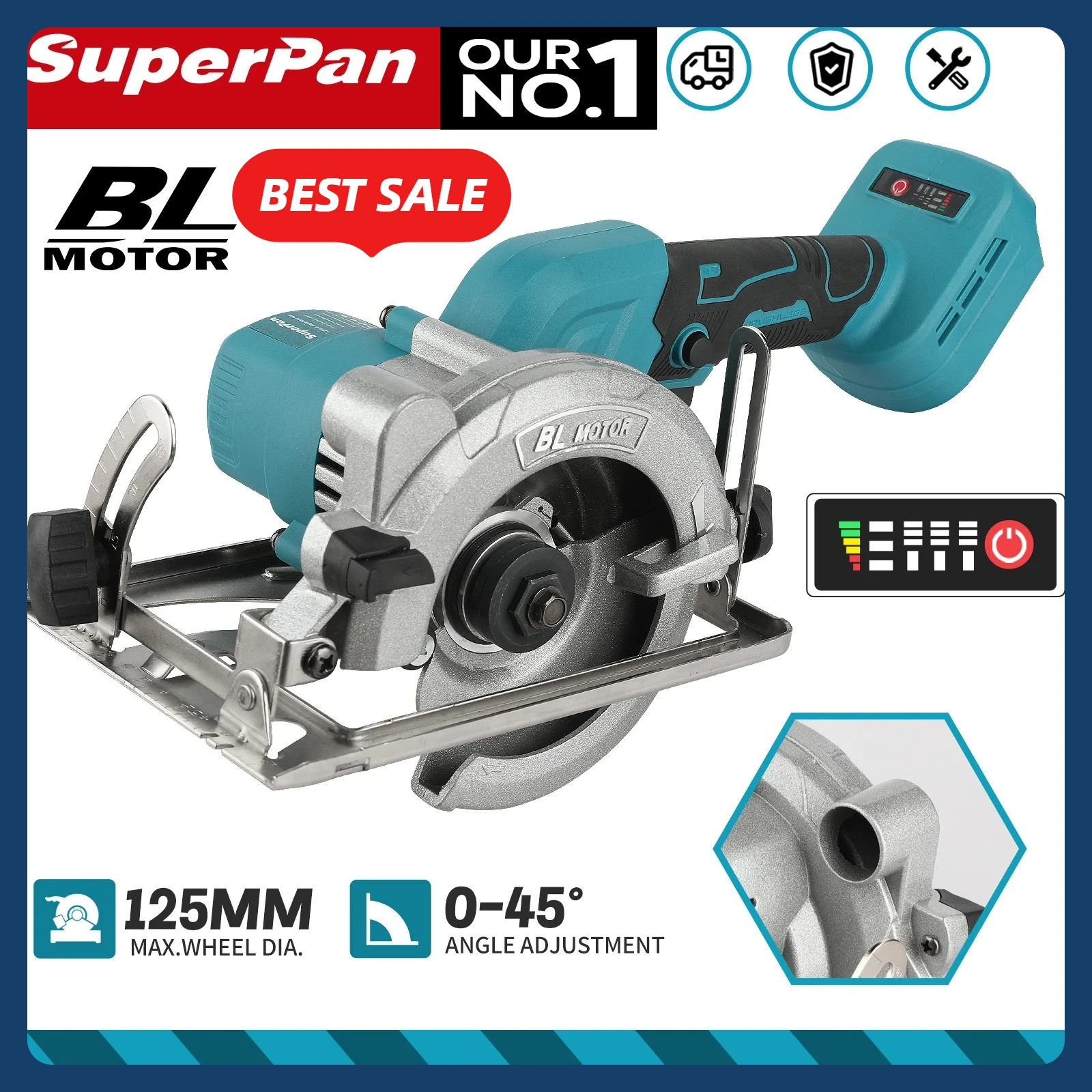 

SuperPan 5-inch brushless circular saw, 18V battery high-power cordless saw, multifunctional adjustable wood and stone saw