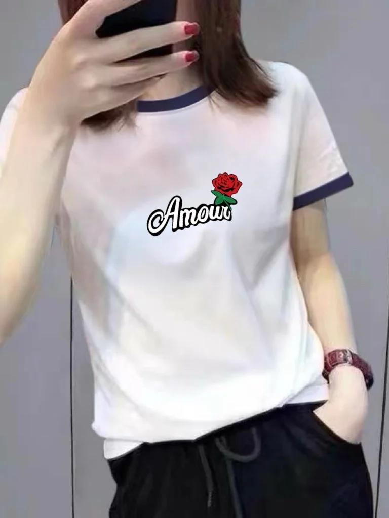

New 2026 Women's Loose Fit Short Sleeve T-Shirt Color Block Collar Letter Print Casual Style Mom Clothes Summer Slimming Top