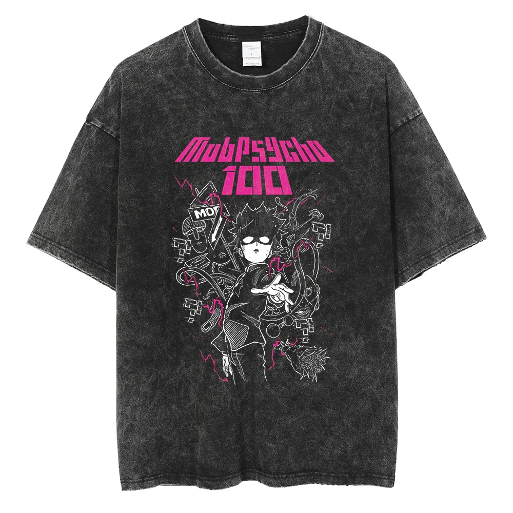 2026 summer Mob Psycho 100 Shigeo & Dimple Washed Anime T-shirt Harajuku Streetwear Oversized Short Sleeve Tee view 5
