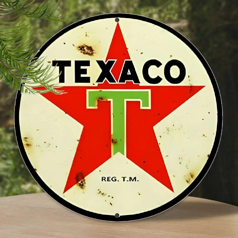 Vintage Texaco Red Star Aluminium Metallschild – Retro-Tankstelle Wandkunst für Bar, Café, Strandhaus, Hinterhof – 7,8" runde Poste