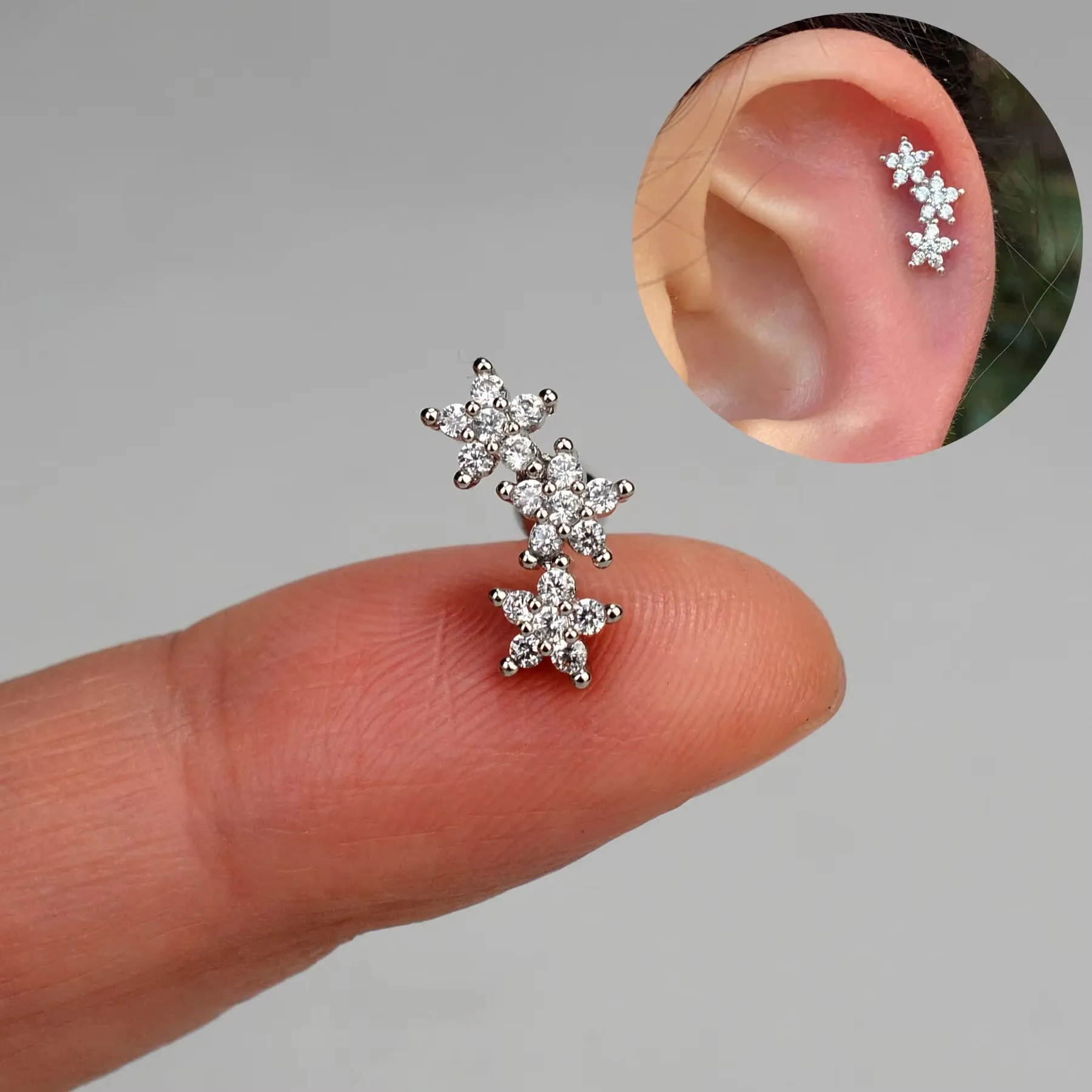 Curved CZ Cartilage Stud Moon Leaf Earring, Stainless Steel