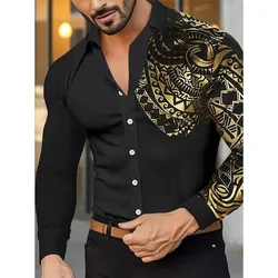 Men's Outdoor Casual Comfortable Long Sleeve Shirt Men's Large Size Lapel Button Up Shirt Retro 3D Totem Digital Print Shirt