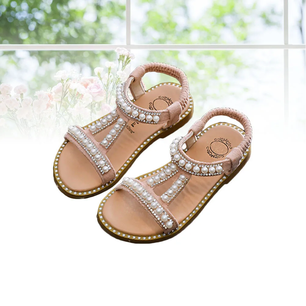 أحذية صيفية للفتيات، صندل وردي من البولي يوريثان، صنادل الأميرة المسطحة القابلة للتنفس للأطفال، صنادل لؤلؤية مقاس 1 مثالية