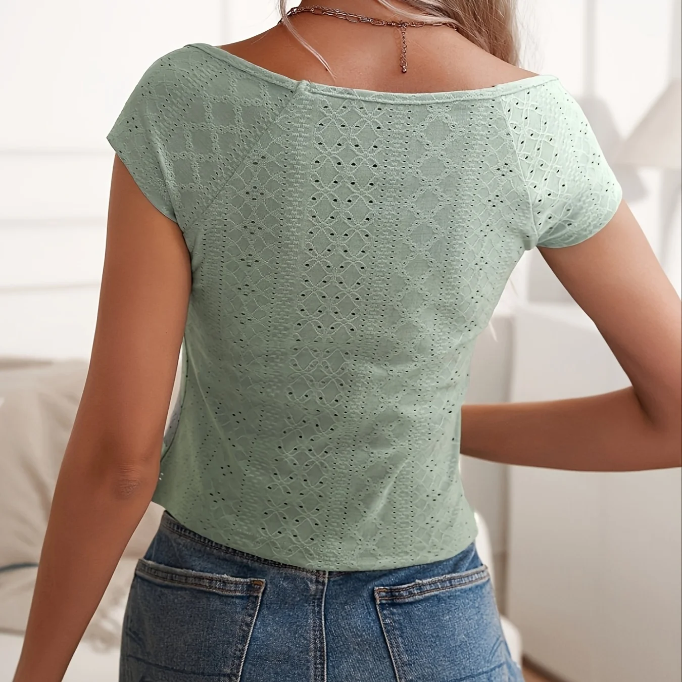 women's plain eyelet embroidery raglan sleeve tee summer clothes  women xasual square neck cap sleeve t shirt for summer