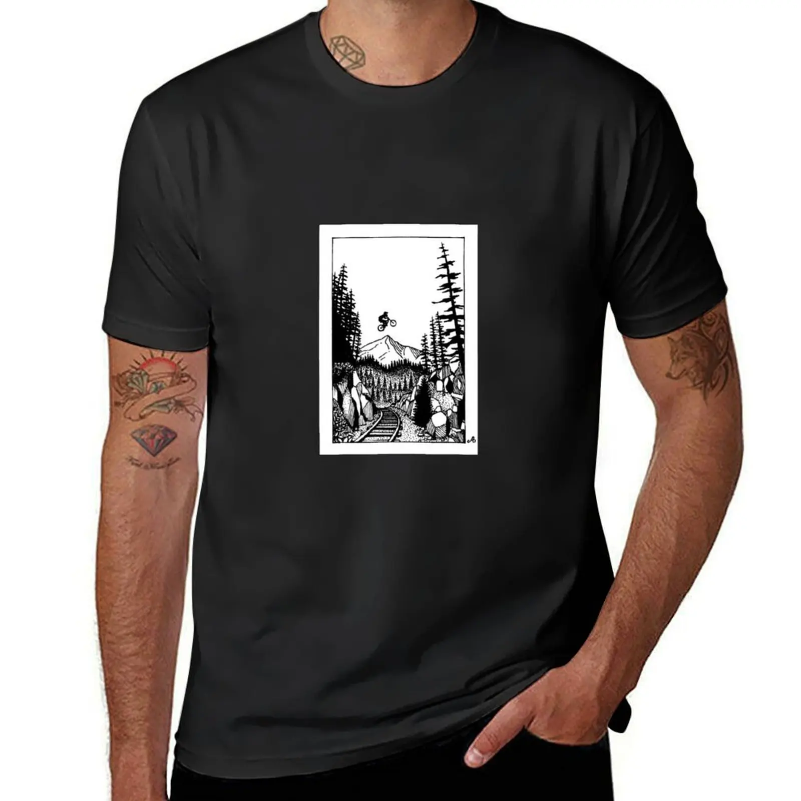 Train Gap MTB Jump - Pemberton, BC, Canada - Mountain biking pen and ink illustrated design T-Shirt