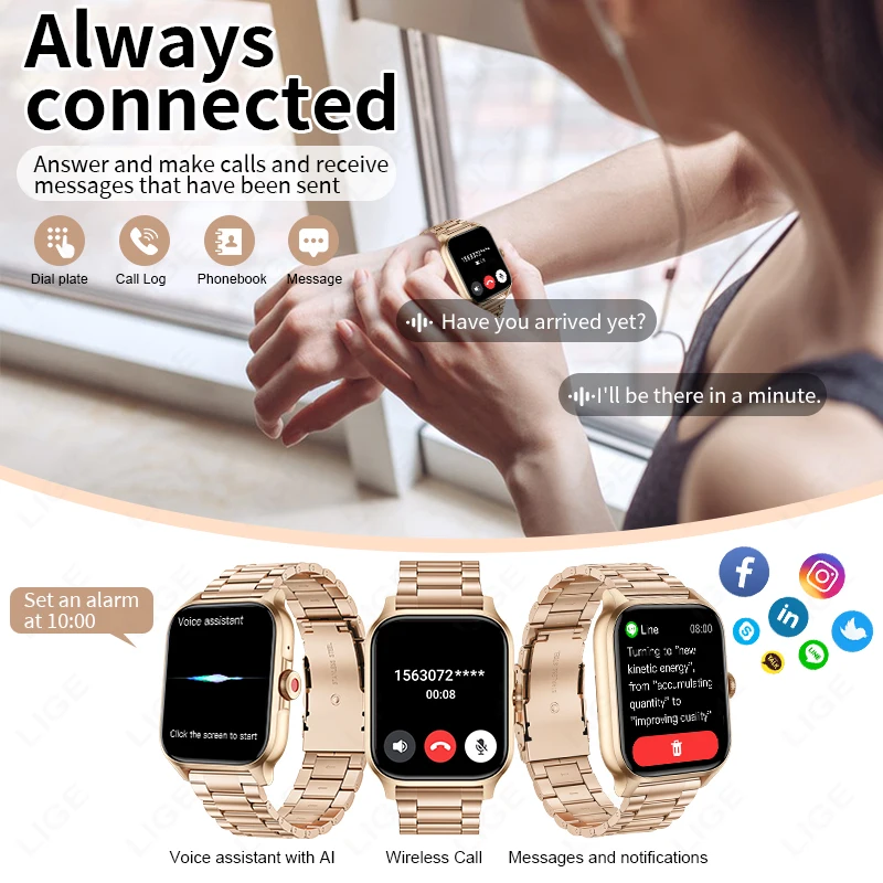 LIGE 1.85 นิ้วหน้าจอHDผู้หญิงSmartwatchผู้ชายกีฬาฟิตเนสIP67 กันน้ําบลูทูธนาฬิกาสุขภาพสมาร์ทนาฬิกา 2024