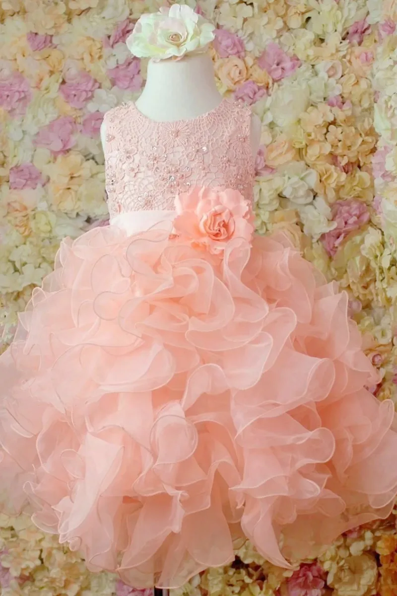 Abito da ragazza di fiori rosa con volant a cascata Appliques di pizzo cintura convertibile in vita con abito da compleanno da sposa in forma di fiore 3d